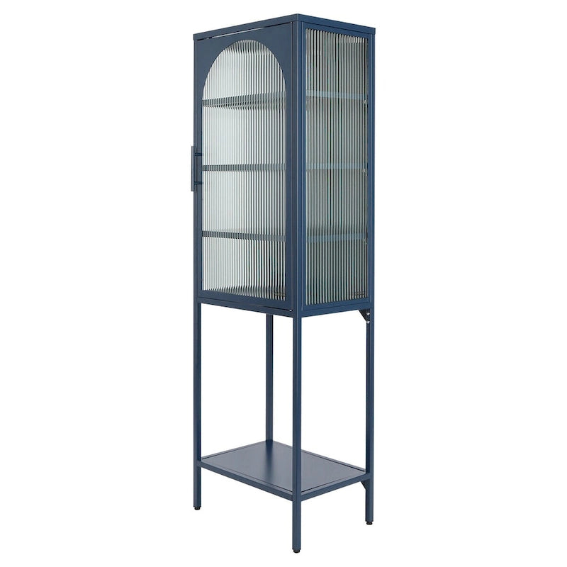 Vaisselier Haut en Verre Trempé avec Porte Arquée, Étagères et Pieds Réglables, Anti-Basculement, Anti-Poussière, en Verre Canelé pour Cuisine