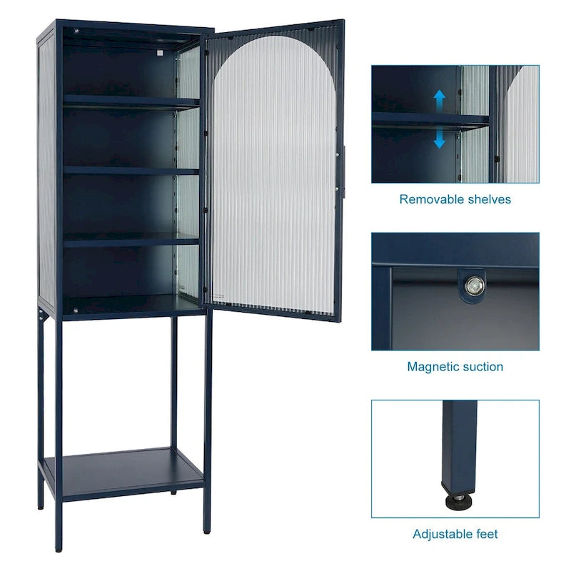 Vaisselier Haut en Verre Trempé avec Porte Arquée, Étagères et Pieds Réglables, Anti-Basculement, Anti-Poussière, en Verre Canelé pour Cuisine