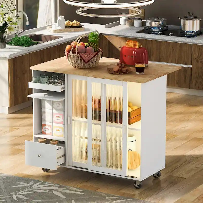 Îlot de cuisine avec abattant, chariot de cuisine à roulettes avec éclairage LED
