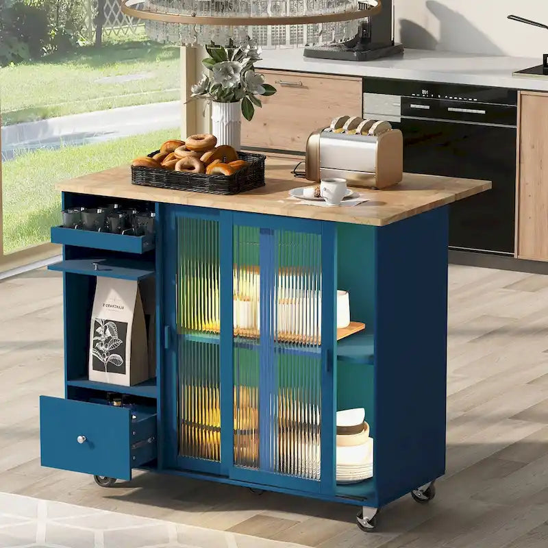 Îlot de cuisine avec abattant, chariot de cuisine à roulettes avec éclairage LED