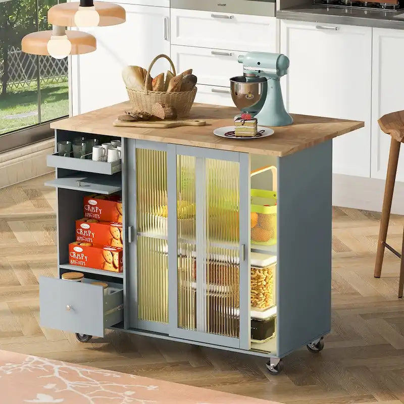 Îlot de cuisine avec abattant, chariot de cuisine à roulettes avec éclairage LED