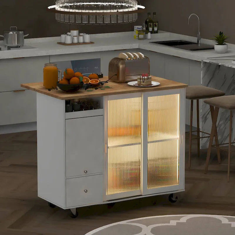Îlot de cuisine avec abattant, chariot de cuisine à roulettes avec éclairage LED
