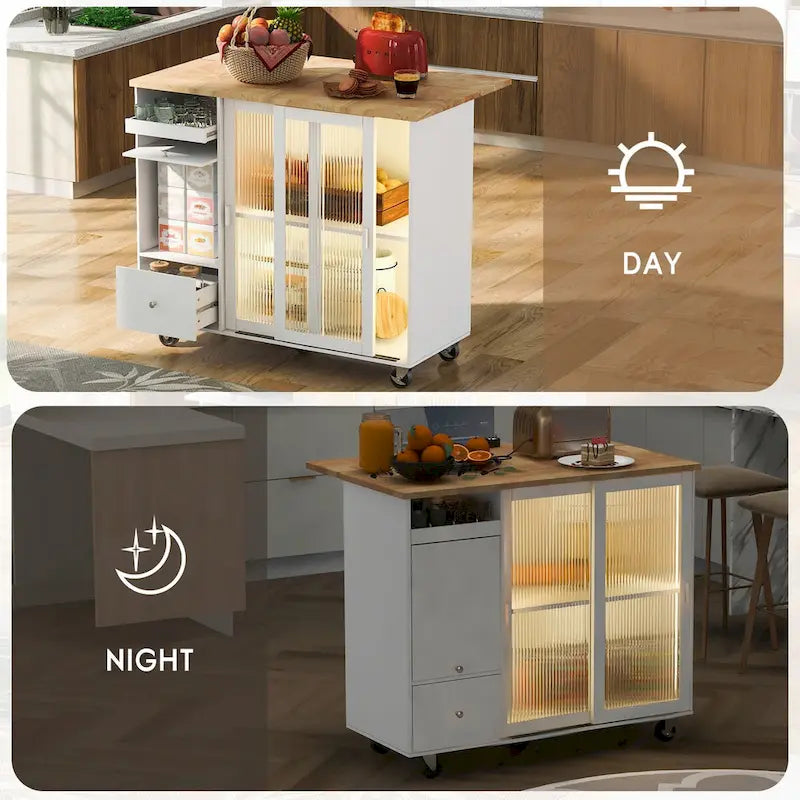 Îlot de cuisine avec abattant, chariot de cuisine à roulettes avec éclairage LED