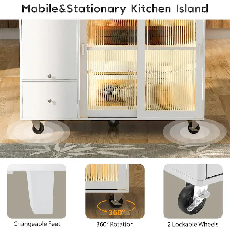 Îlot de cuisine avec abattant, chariot de cuisine à roulettes avec éclairage LED