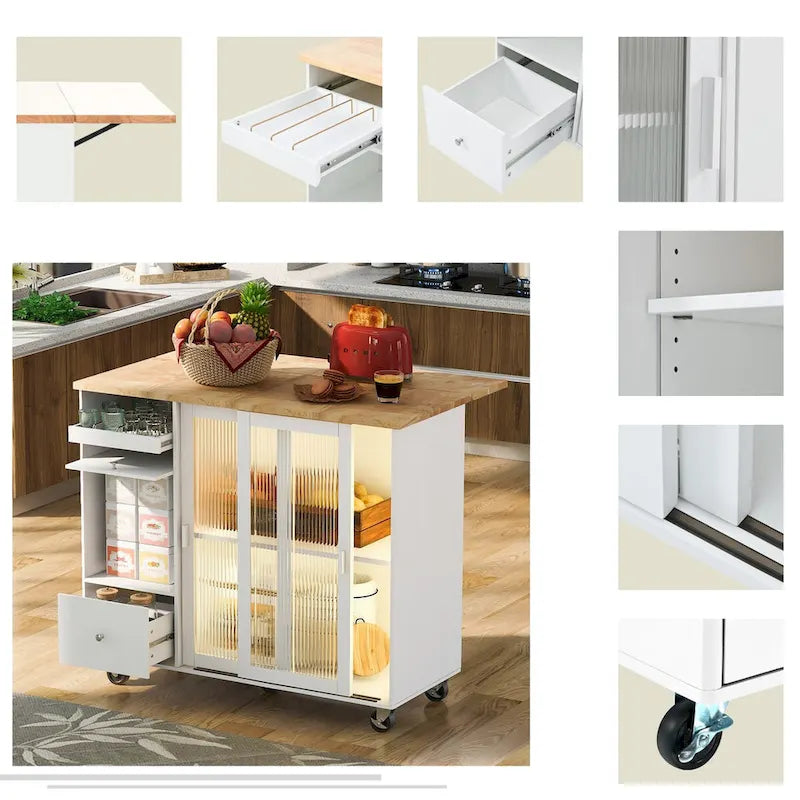 Îlot de cuisine avec abattant, chariot de cuisine à roulettes avec éclairage LED