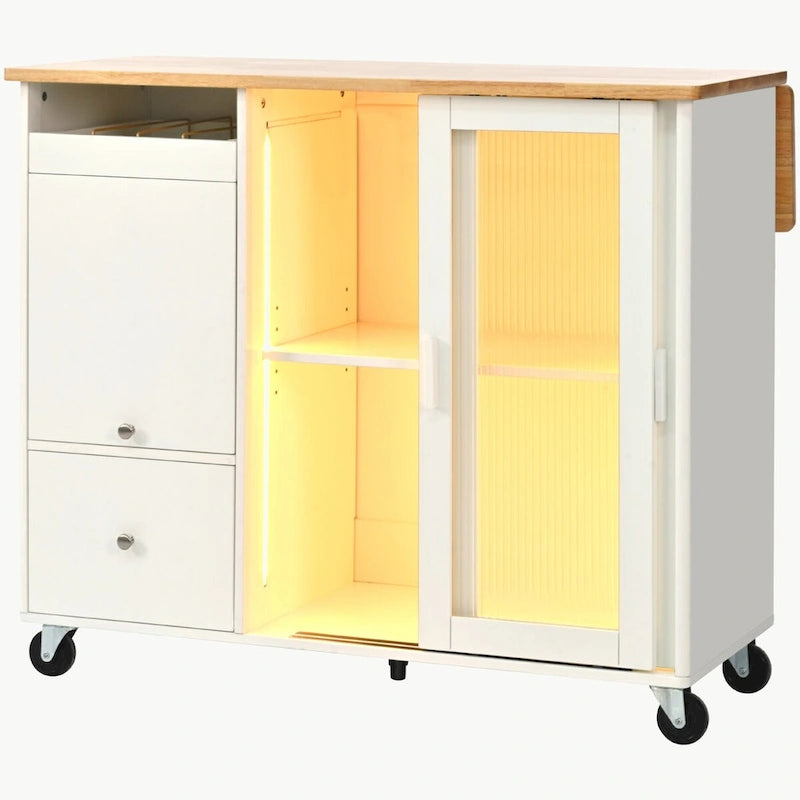 Îlot de cuisine avec abattant, chariot de cuisine à roulettes avec éclairage LED