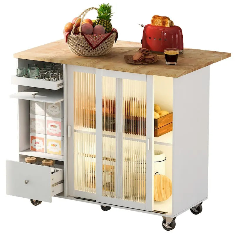 Îlot de cuisine avec abattant, chariot de cuisine à roulettes avec éclairage LED
