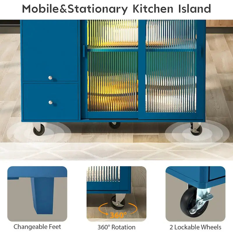 Îlot de cuisine avec abattant, chariot de cuisine à roulettes avec éclairage LED