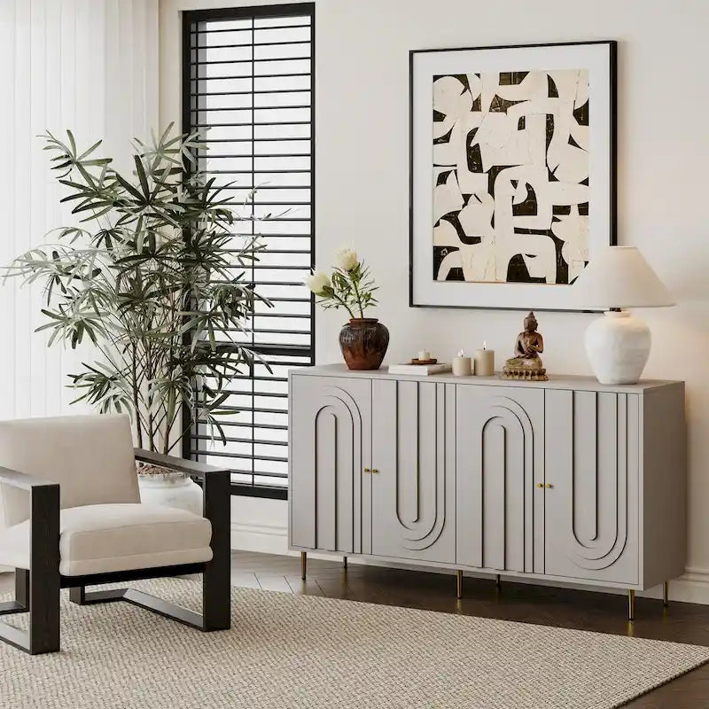 Buffet bahut moderne laqué gris 4 portes en bois - N/A