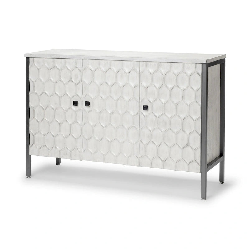 Armoire d'appoint Savannah II en placage de sapin blanc avec cadre en fer et 3 portes - 47.2L x 15.7W x 31.5H