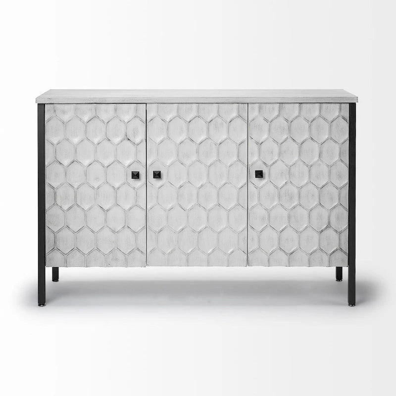 Armoire d'appoint Savannah II en placage de sapin blanc avec cadre en fer et 3 portes - 47.2L x 15.7W x 31.5H