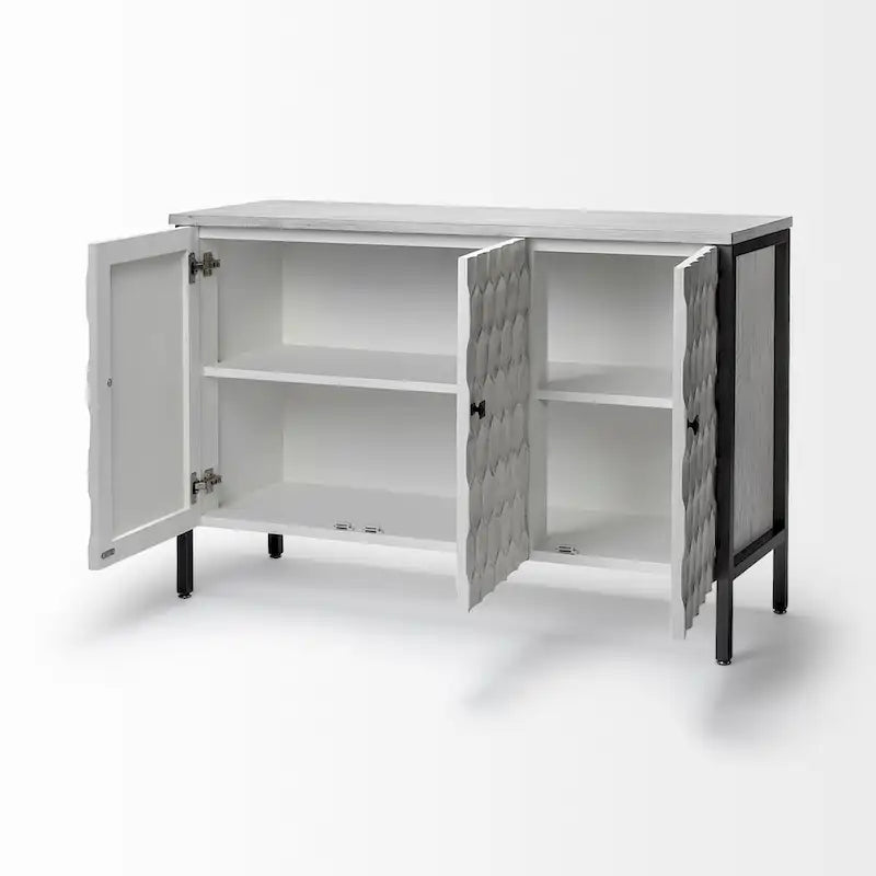 Armoire d'appoint Savannah II en placage de sapin blanc avec cadre en fer et 3 portes - 47.2L x 15.7W x 31.5H