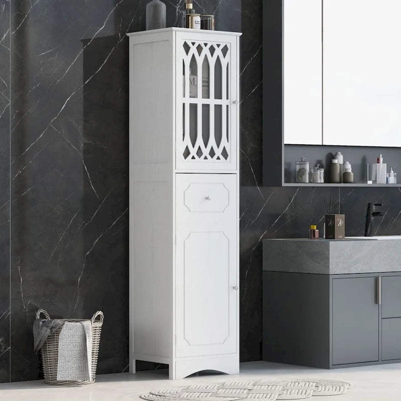 Meuble de salle de bain haut, meuble de rangement autonome avec tiroir et portes