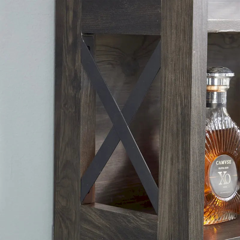 Meuble bas de bar à café en bois avec portes coulissantes façon grange ajourées