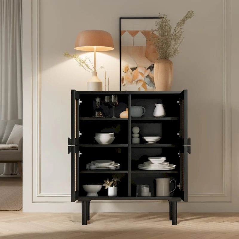 Meuble de rangement 4 portes en cannage de rotin