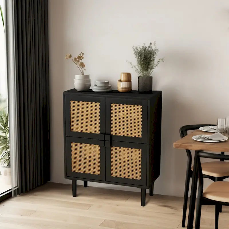 Meuble de rangement 4 portes en cannage de rotin