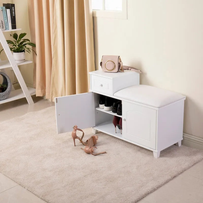 Banc Coffre à Chaussures Ottoman en Bois Blanc avec Tiroir - 80*35*60 cm