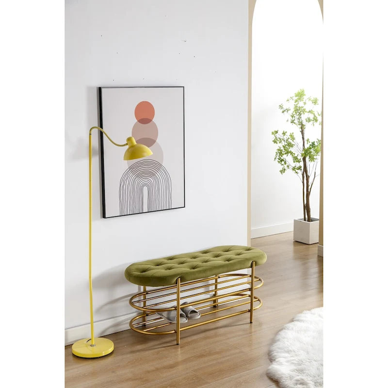 Banquette ronde en fer forgé avec coussin en velours et sac de rangement souple pour chaussures