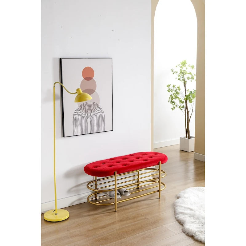 Banquette ronde en fer forgé avec coussin en velours et sac de rangement souple pour chaussures