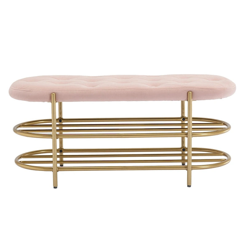 Banquette ronde en fer forgé avec coussin en velours et sac de rangement souple pour chaussures