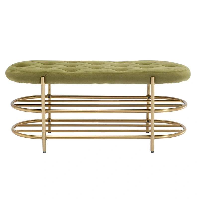 Banquette ronde en fer forgé avec coussin en velours et sac de rangement souple pour chaussures