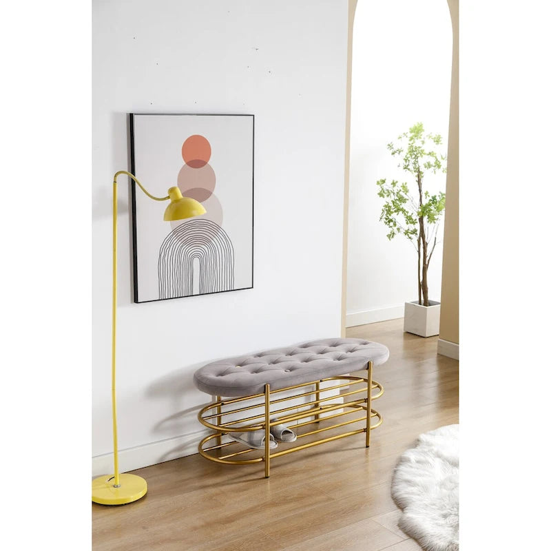 Banquette ronde en fer forgé avec coussin en velours et sac de rangement souple pour chaussures