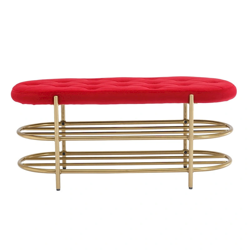 Banquette ronde en fer forgé avec coussin en velours et sac de rangement souple pour chaussures