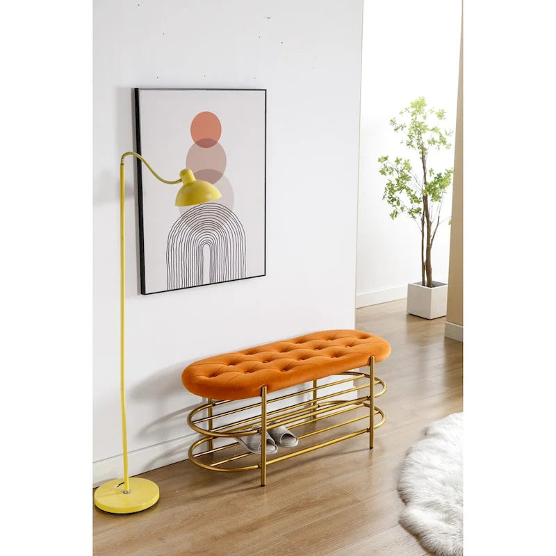 Banquette ronde en fer forgé avec coussin en velours et sac de rangement souple pour chaussures