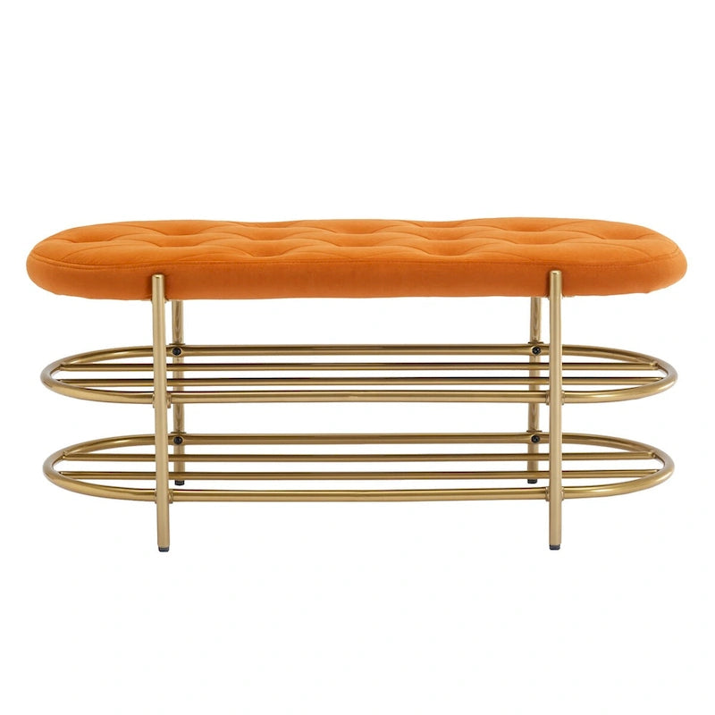 Banquette ronde en fer forgé avec coussin en velours et sac de rangement souple pour chaussures