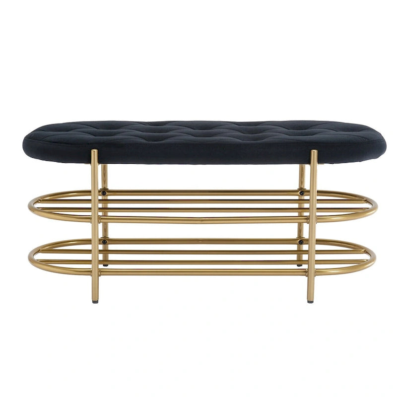 Banquette ronde en fer forgé avec coussin en velours et sac de rangement souple pour chaussures
