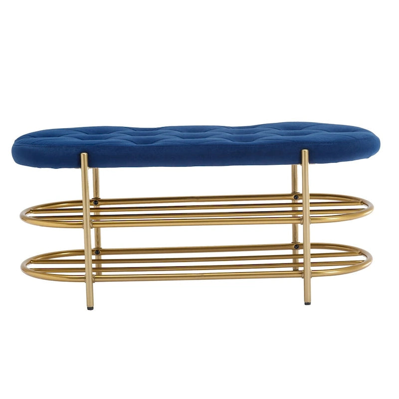 Banquette ronde en fer forgé avec coussin en velours et sac de rangement souple pour chaussures