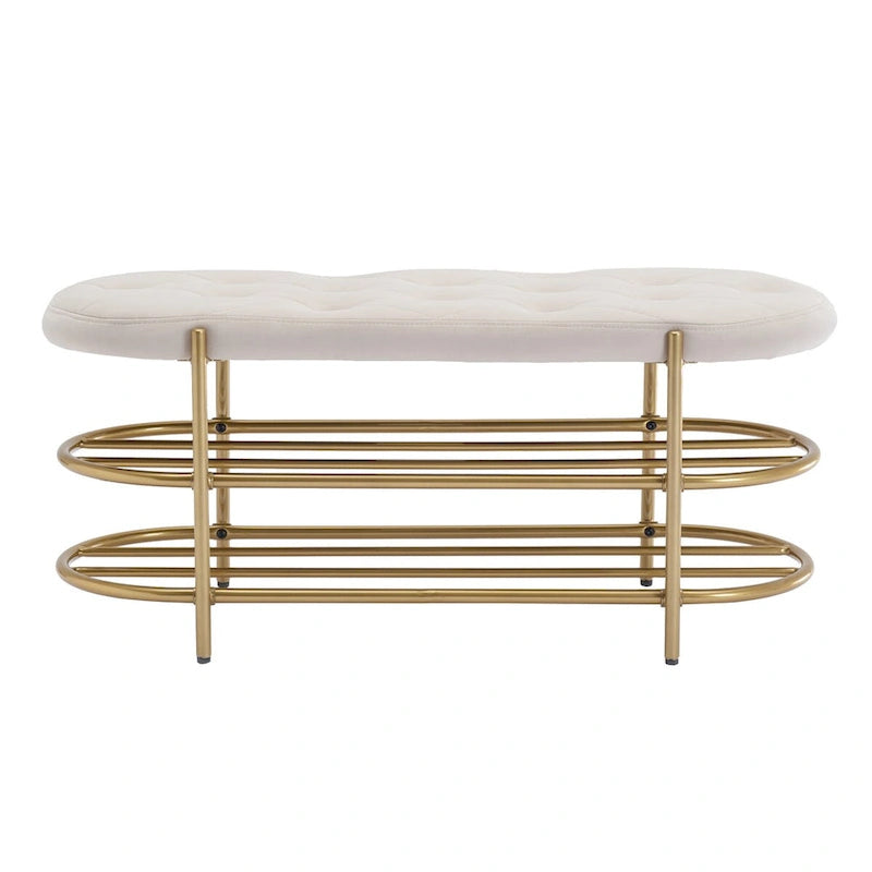 Banquette ronde en fer forgé avec coussin en velours et sac de rangement souple pour chaussures