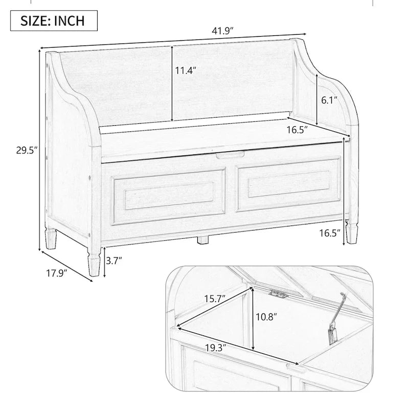 Banc de rangement multifonctionnel en bois massif de style rustique pour entrée avec charnière de sécurité