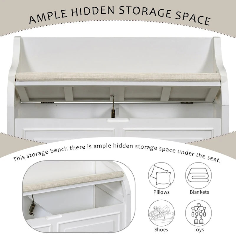 Banc de rangement multifonctionnel en bois massif de style rustique pour entrée avec charnière de sécurité