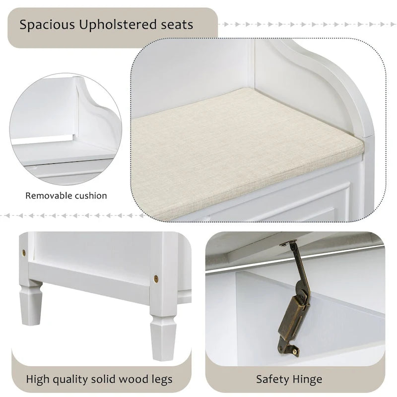 Banc de rangement multifonctionnel en bois massif de style rustique pour entrée avec charnière de sécurité