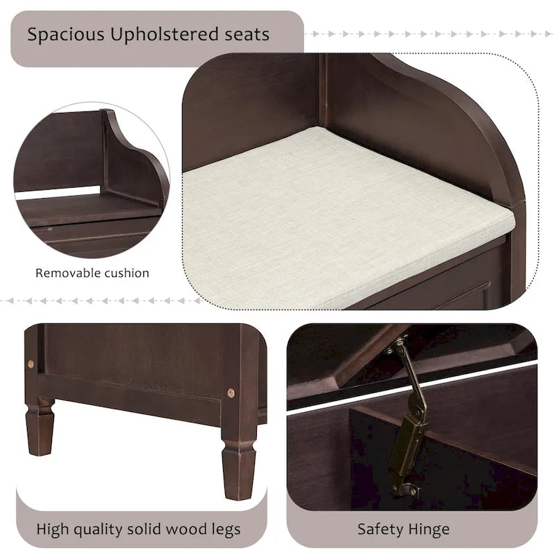 Banc de rangement multifonctionnel en bois massif de style rustique pour entrée avec charnière de sécurité