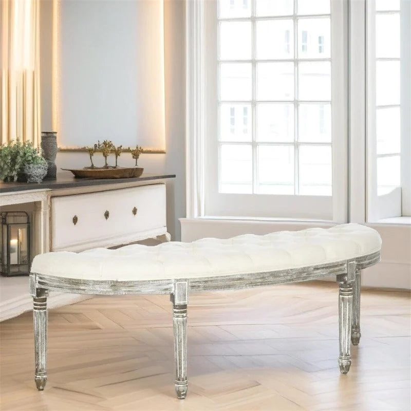 Banc de bout de lit touffeté en demi-cercle avec pieds en bois d'hévéa