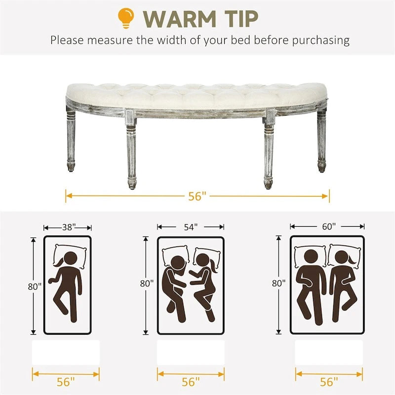 Banc de bout de lit touffeté en demi-cercle avec pieds en bois d'hévéa