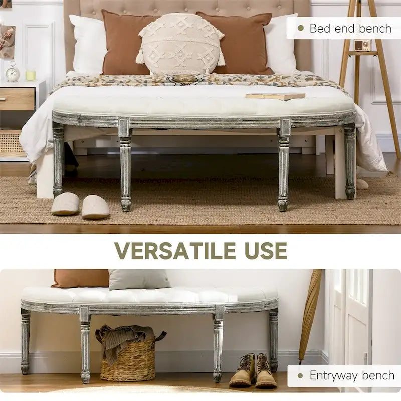 Banc de bout de lit touffeté en demi-cercle avec pieds en bois d'hévéa