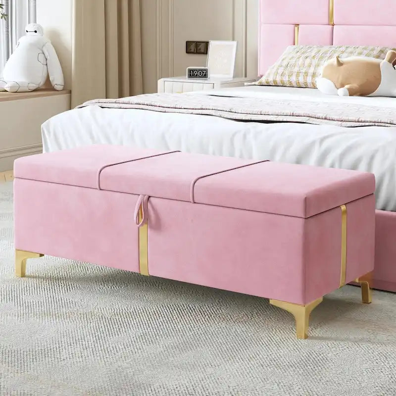 Pouf de rangement élégant capitonné avec pieds en métal