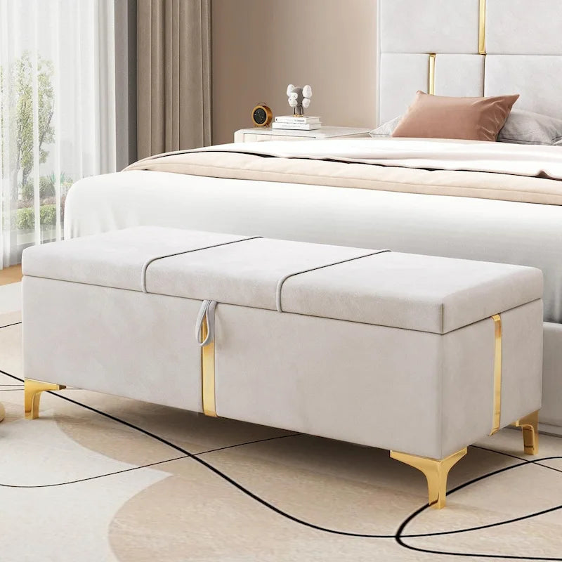 Pouf de rangement élégant capitonné avec pieds en métal
