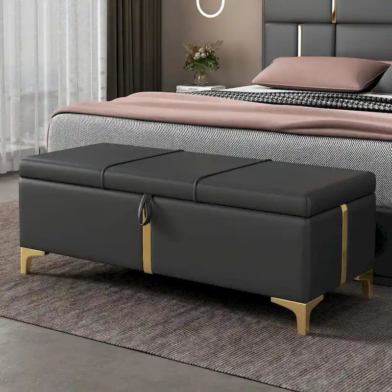 Pouf de rangement élégant capitonné avec pieds en métal