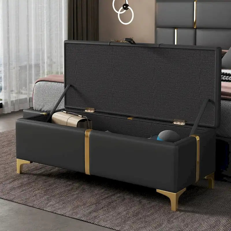 Pouf de rangement élégant capitonné avec pieds en métal