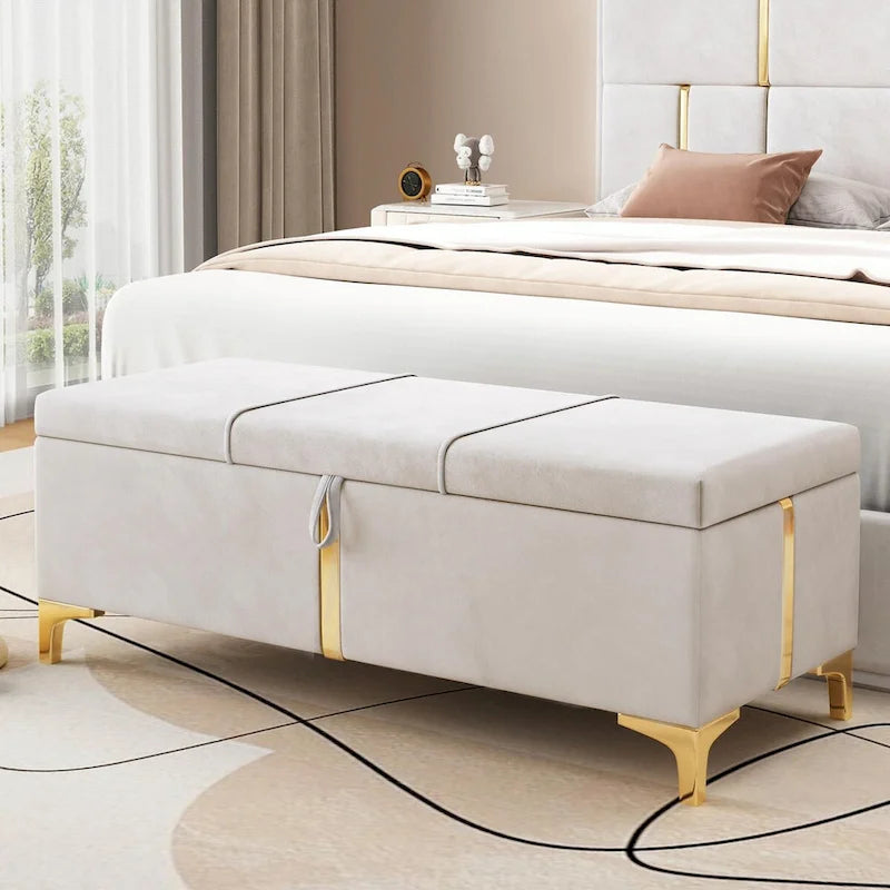 Pouf de rangement élégant capitonné avec pieds en métal