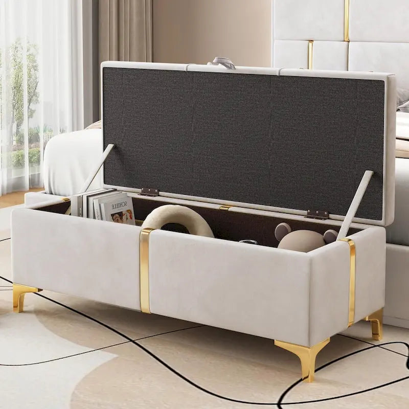 Pouf de rangement élégant capitonné avec pieds en métal