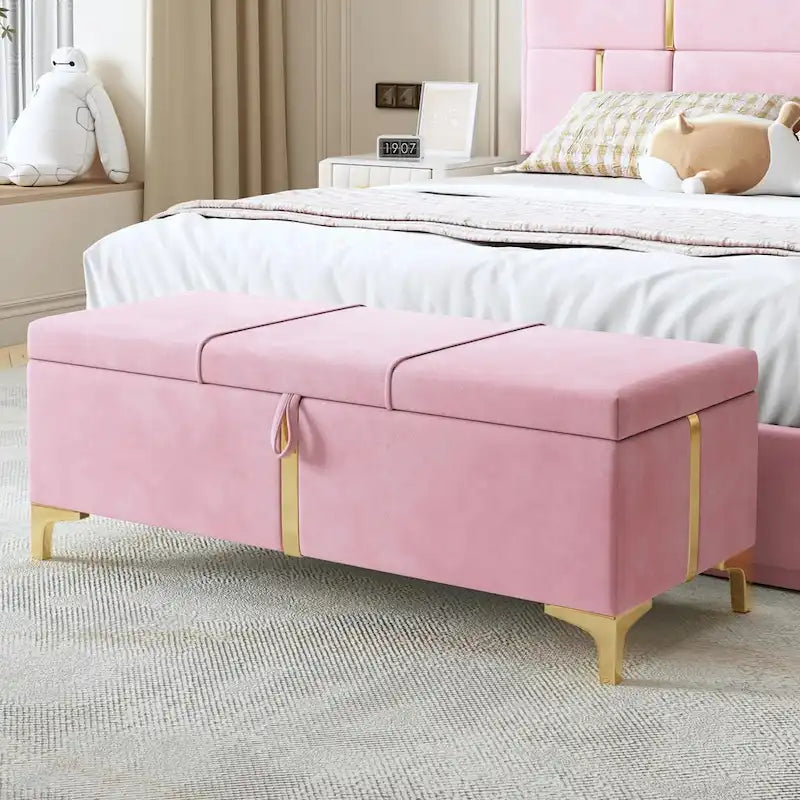 Pouf de rangement élégant capitonné avec pieds en métal