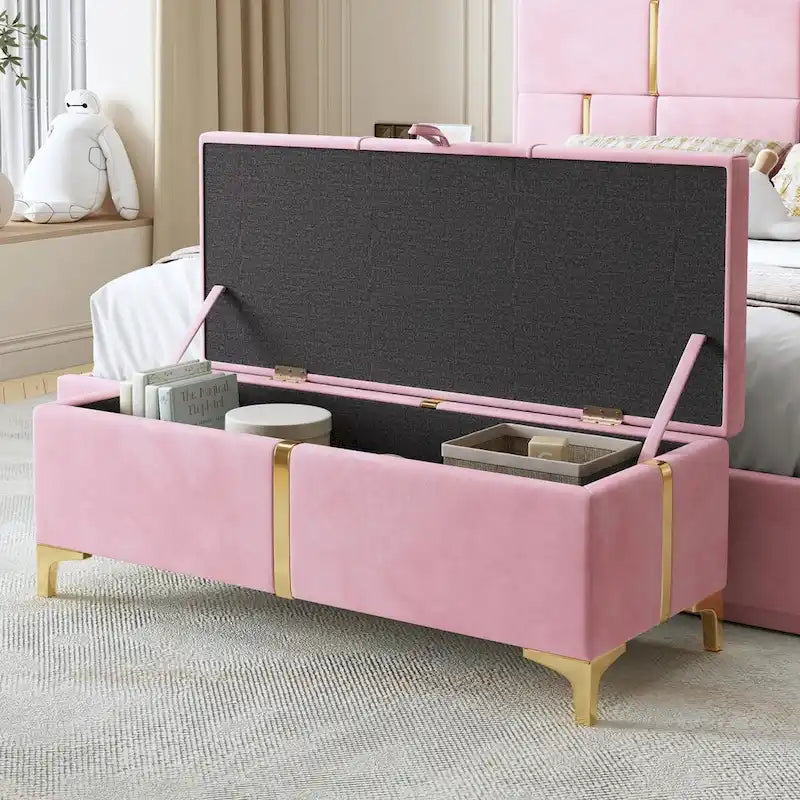 Pouf de rangement élégant capitonné avec pieds en métal