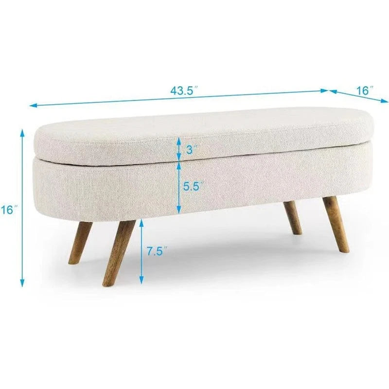 Banc de rangement ovale pour pied de lit, pieds en bois d'hévéa - Beige