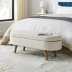 Banc de rangement ovale pour pied de lit, pieds en bois d'hévéa - Beige