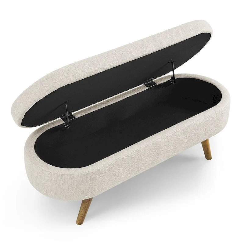 Banc de rangement ovale pour pied de lit, pieds en bois d'hévéa - Beige